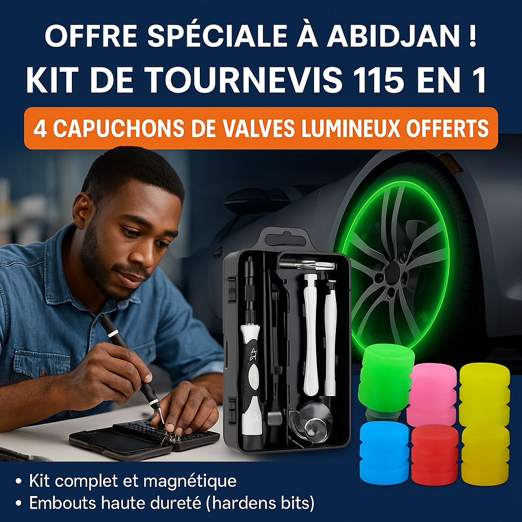 🔧 Promo Exceptionnelle 🔥 Kit Tournevis 115 en 1 + 4 Valves Lumineuses Offertes !