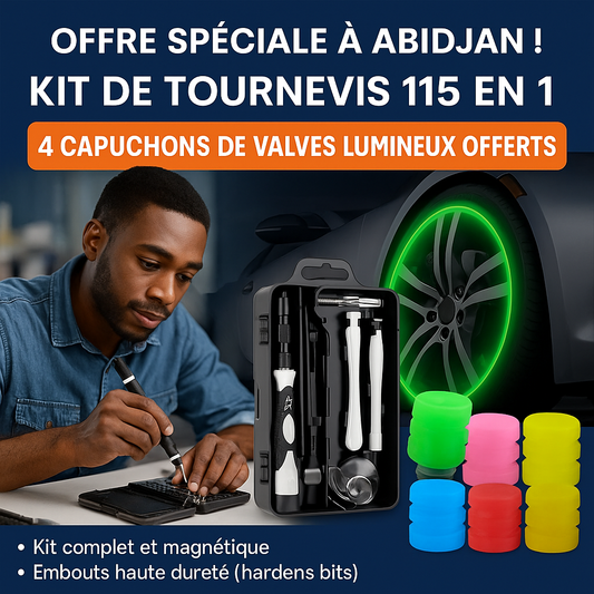 🔧 Promo Exceptionnelle 🔥 Kit Tournevis 115 en 1 + 4 Valves Lumineuses Offertes !